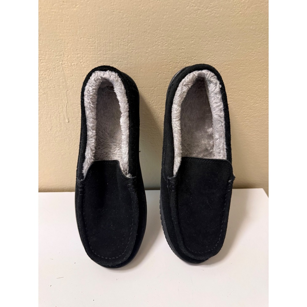 George Mens Black Suede Moccasin Slippers Faux Fur Lined House Shoes Size 7-8